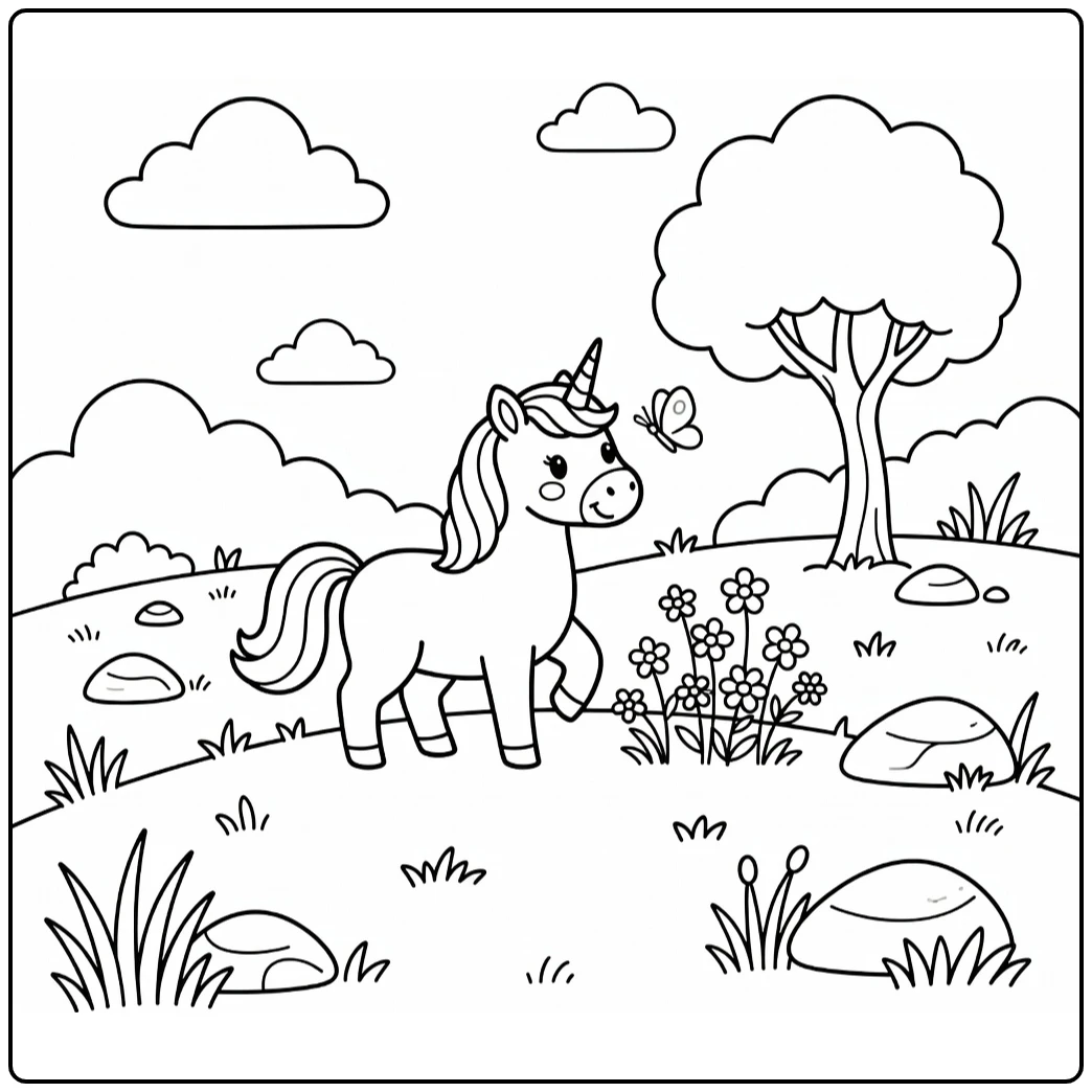Unicorn reaching for butterfly on grassy hill unicorn coloring pages