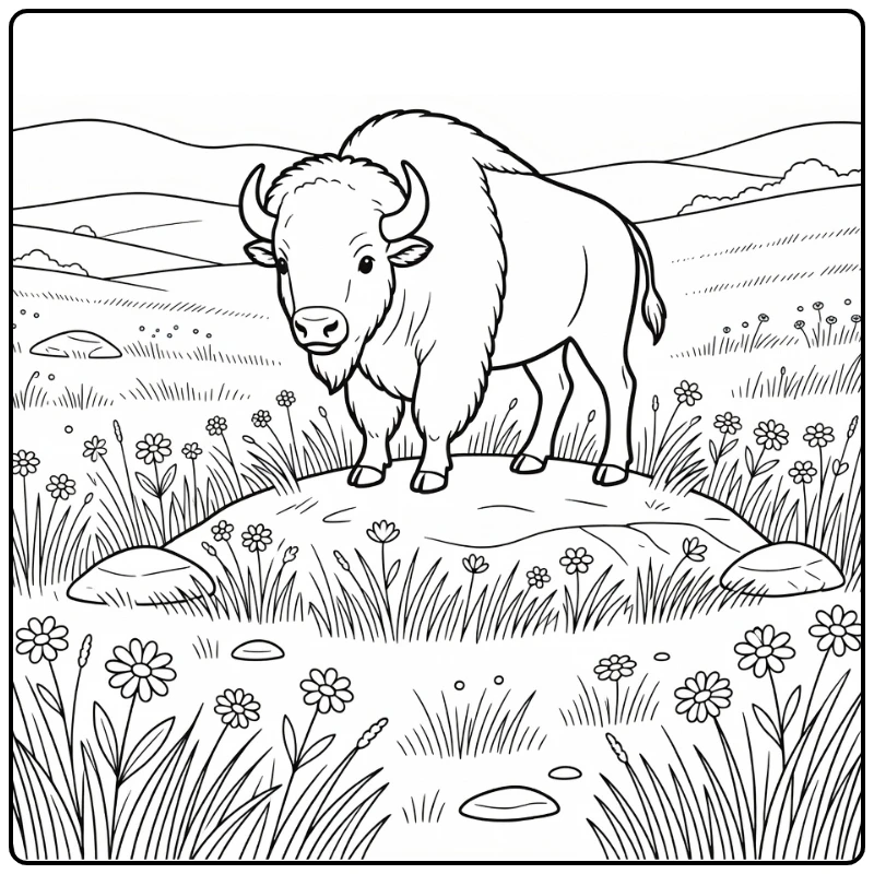 Bison on windy prairie mound wild animals coloring page