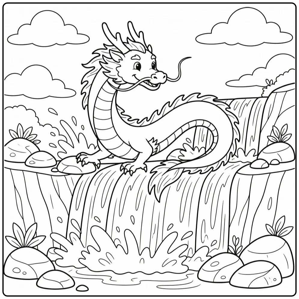 Chinese dragon coloring page curling over waterfall ledge