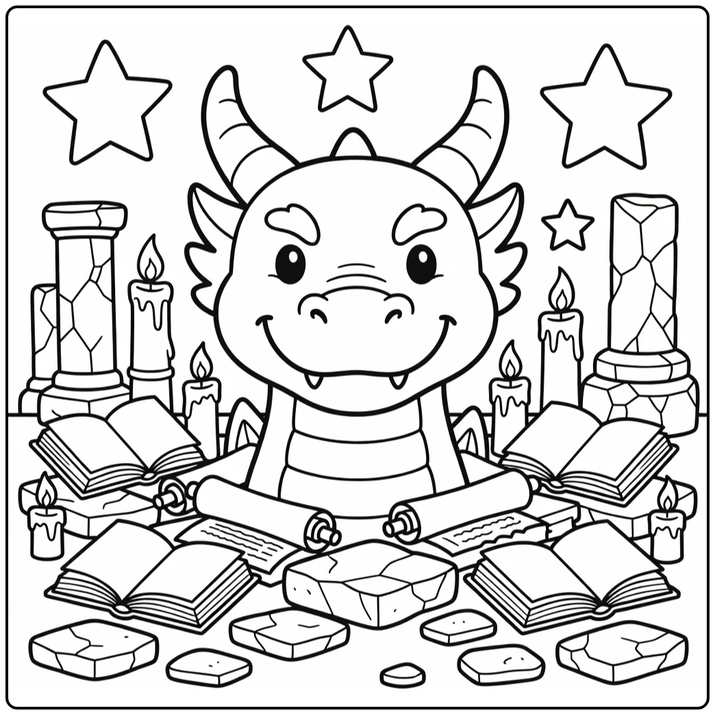 Wise dragon head coloring page over ancient scrolls