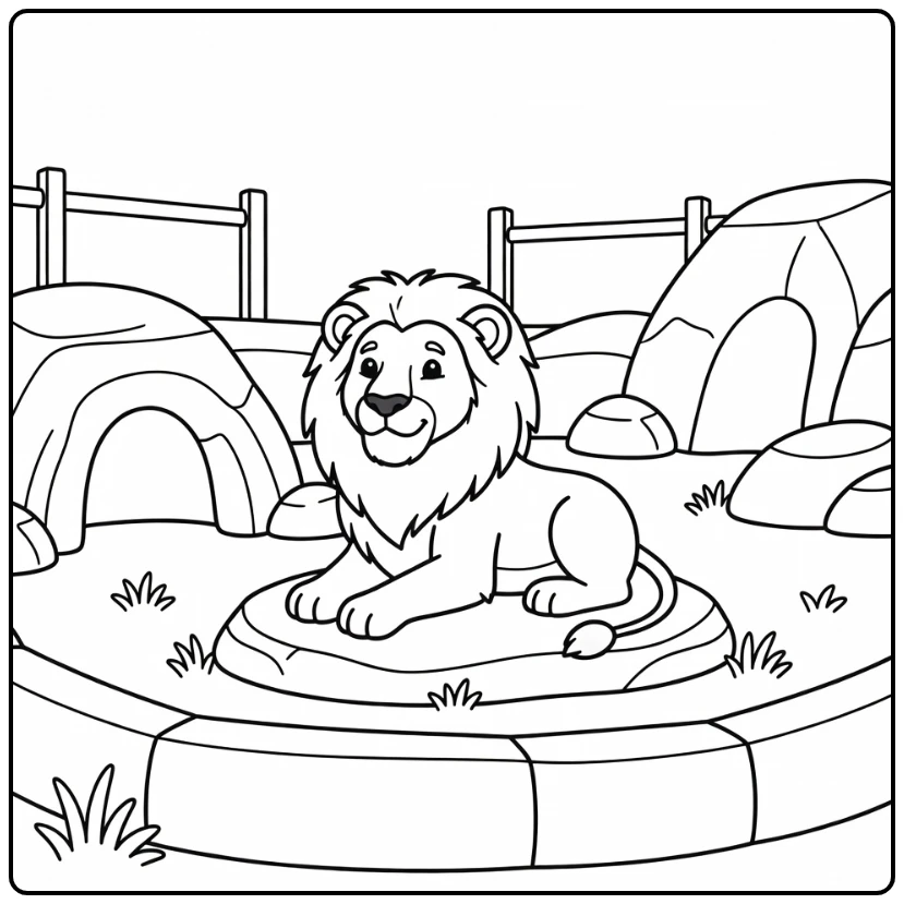 Proud lion on rock in zoo exhibit zoo coloring page