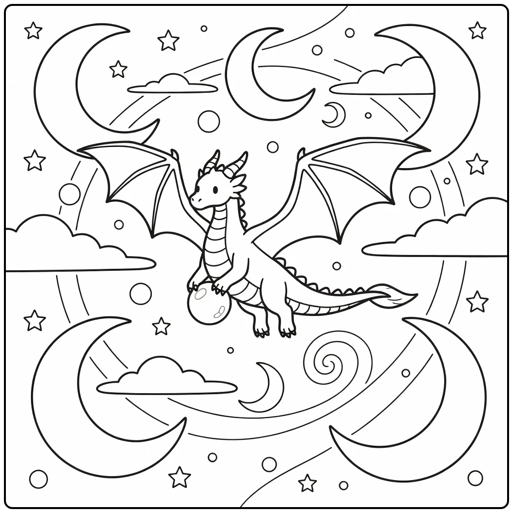 Moon dragon with pearl gliding crescents - moon dragon coloring page