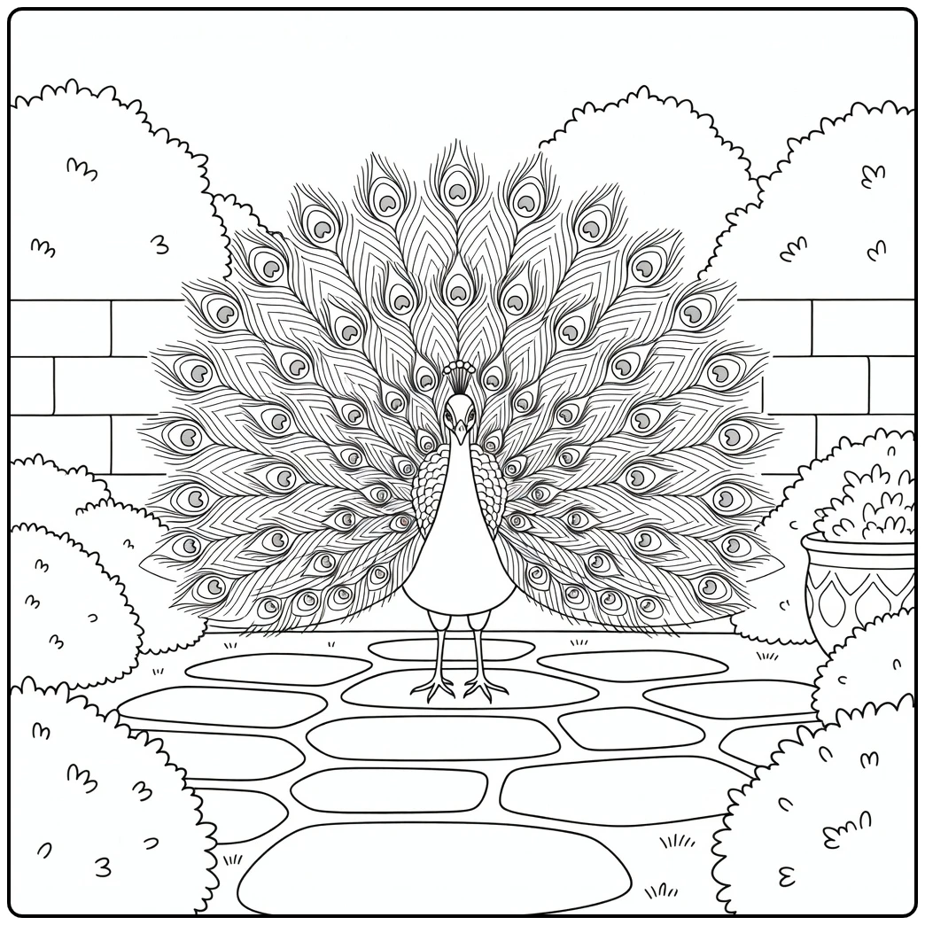Peacock fanning tail in garden courtyard realistic animal coloring page