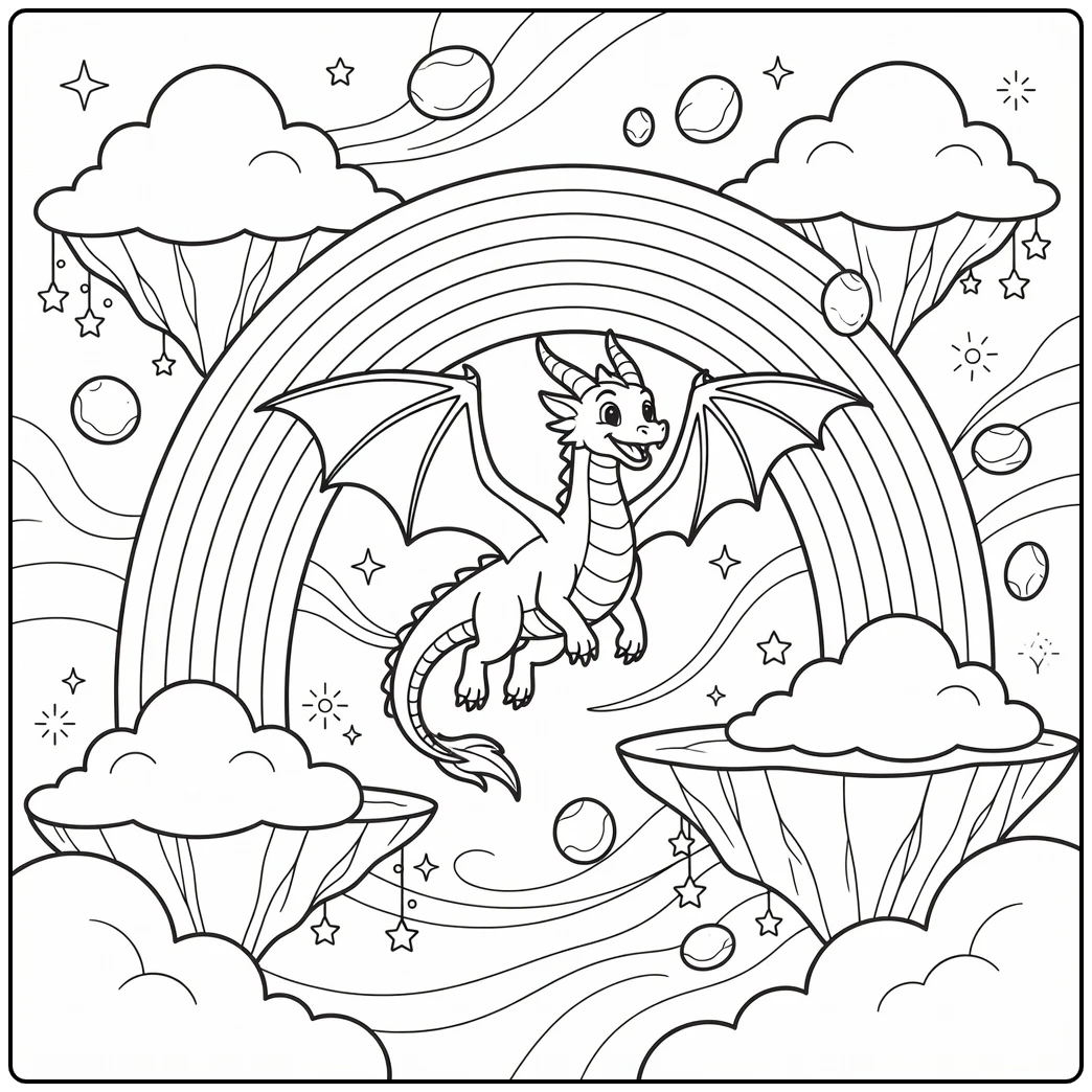 Rainbow dragon coloring page soaring through rainbow arch