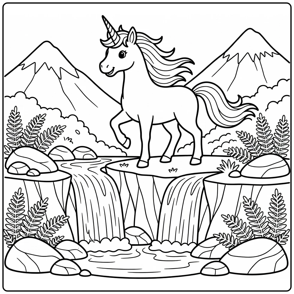 Unicorn on cliff by waterfall pool unicorn coloring pages