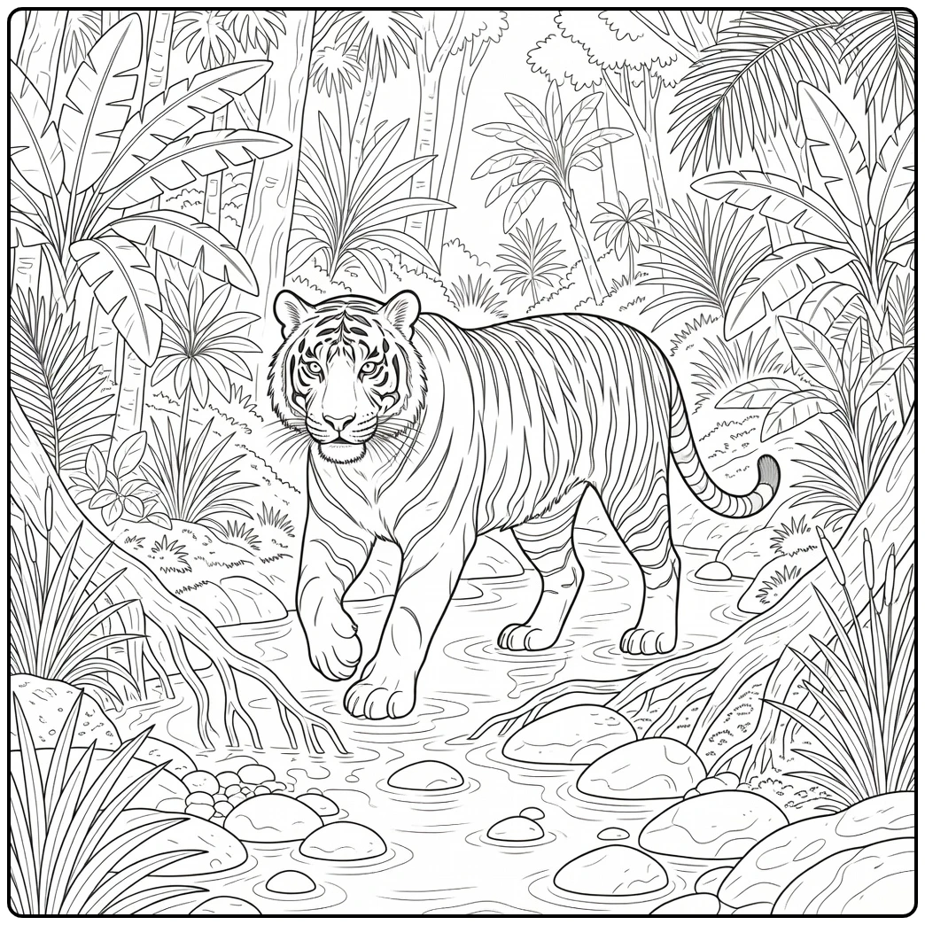 Realistic jungle animal coloring page of Malayan tiger in stream