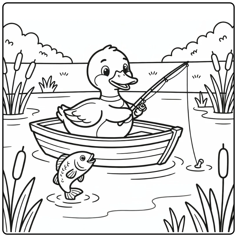 Mallard duck coloring page with fishing rowboat scene