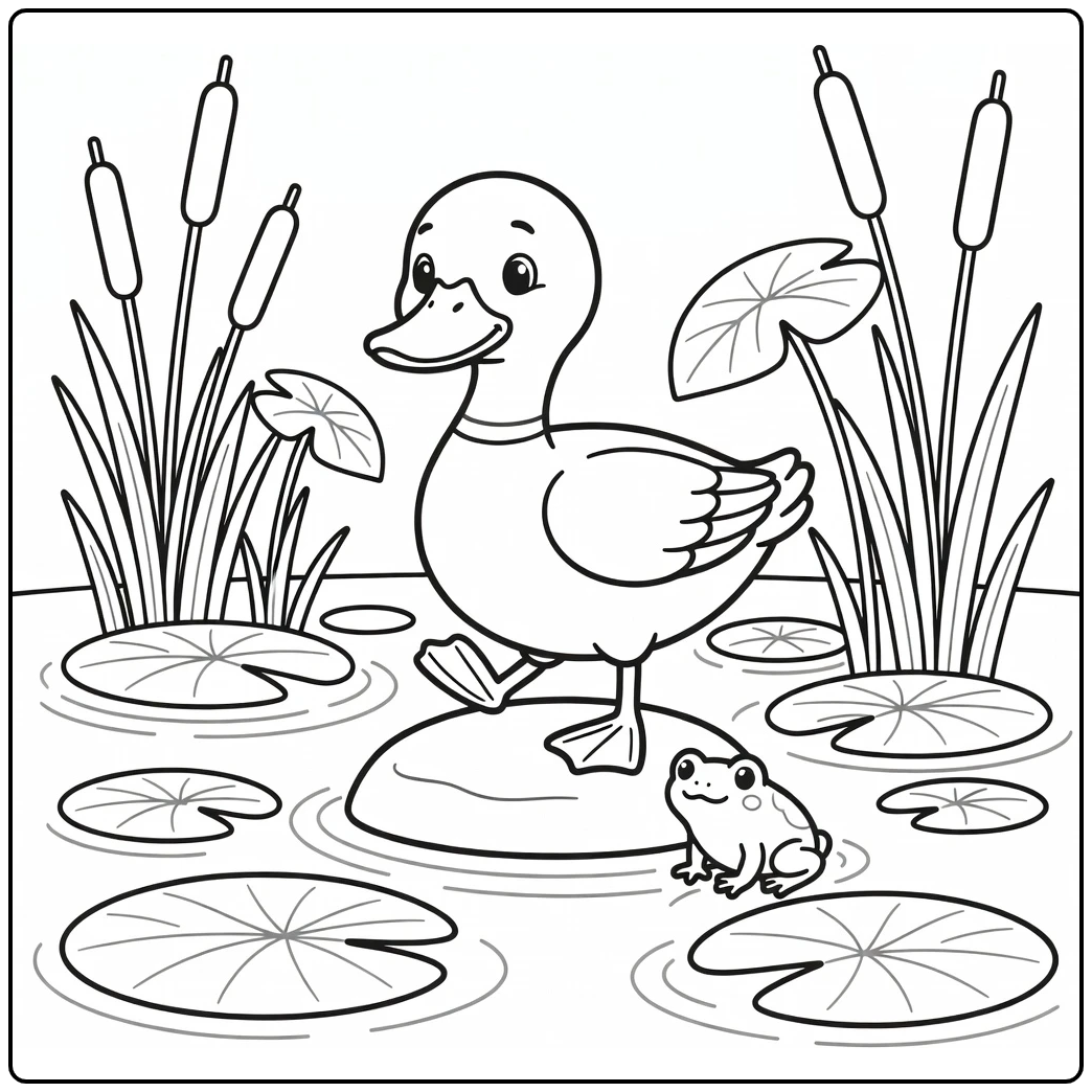 Mallard duck coloring page showing duck balancing near frog