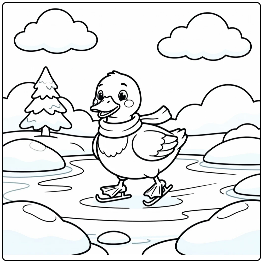 Mallard duck coloring page of skating duck with scarf on ice