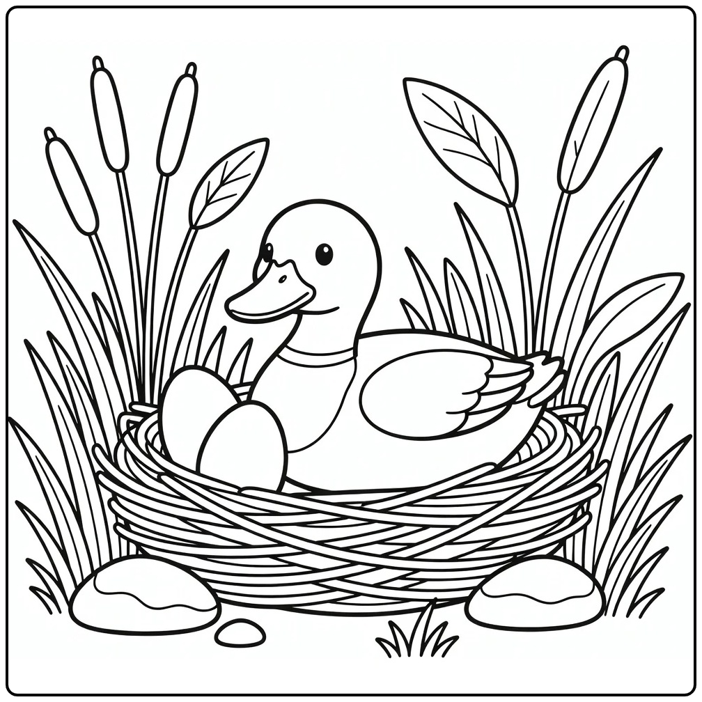 Mallard duck coloring page of duck in nest with two eggs