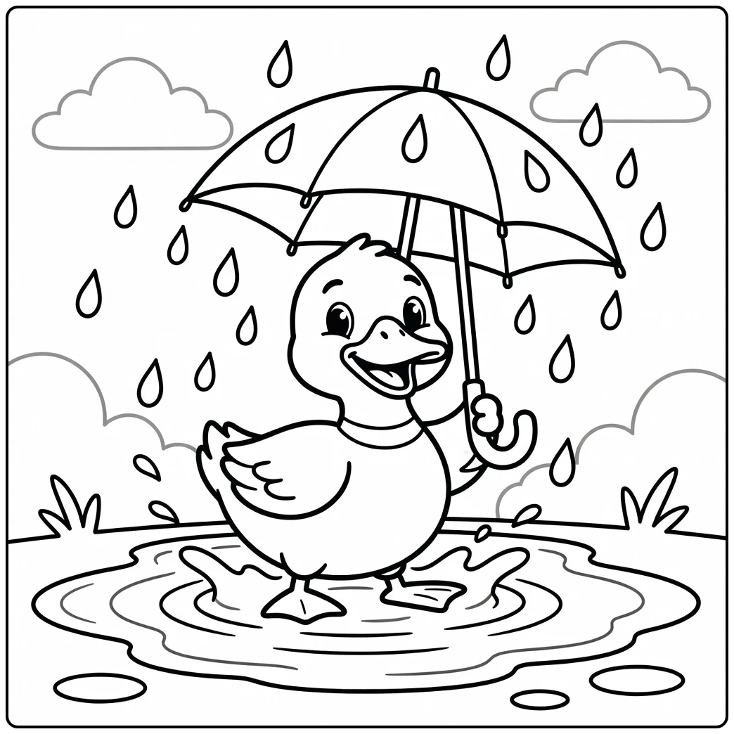 Mallard duck coloring page splashing in puddle with umbrella