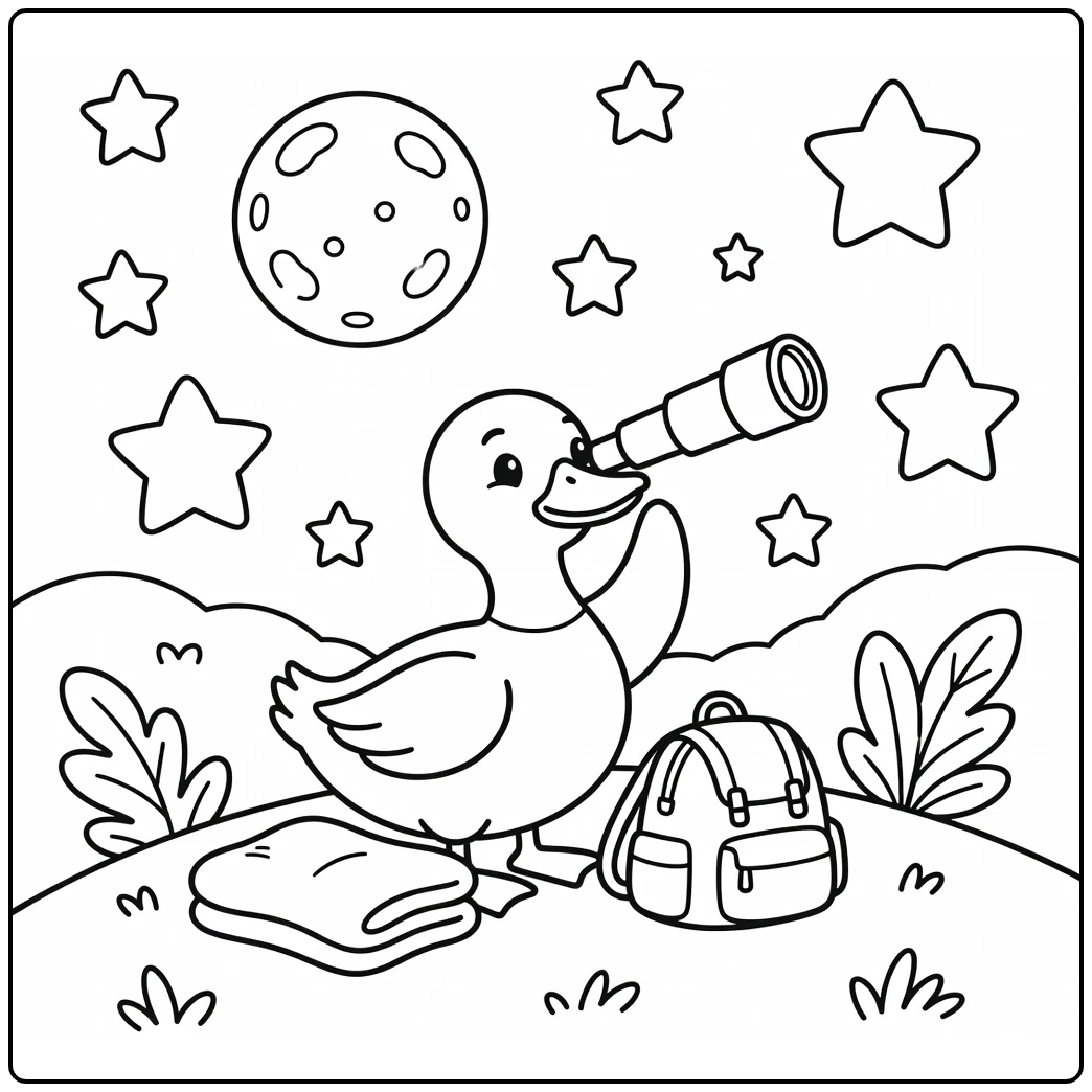 Cute mallard duck coloring page with telescope on starry hill