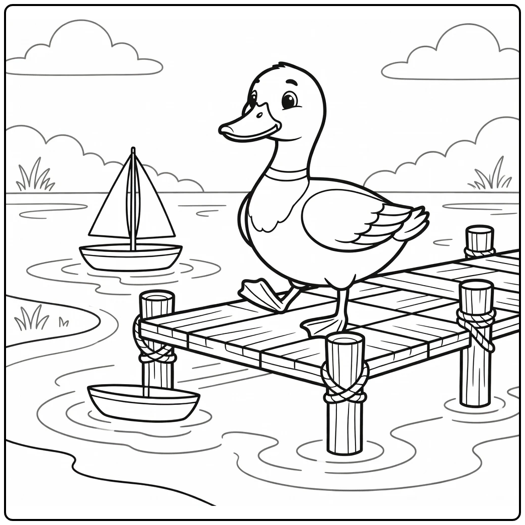 Mallard duck coloring page of duck on dock with sailboat nearby