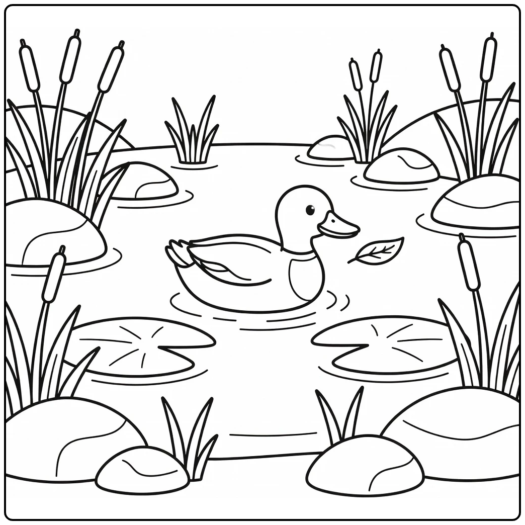 Adorable Mallard Duck Coloring Page on Calm Pond with Lily Pads