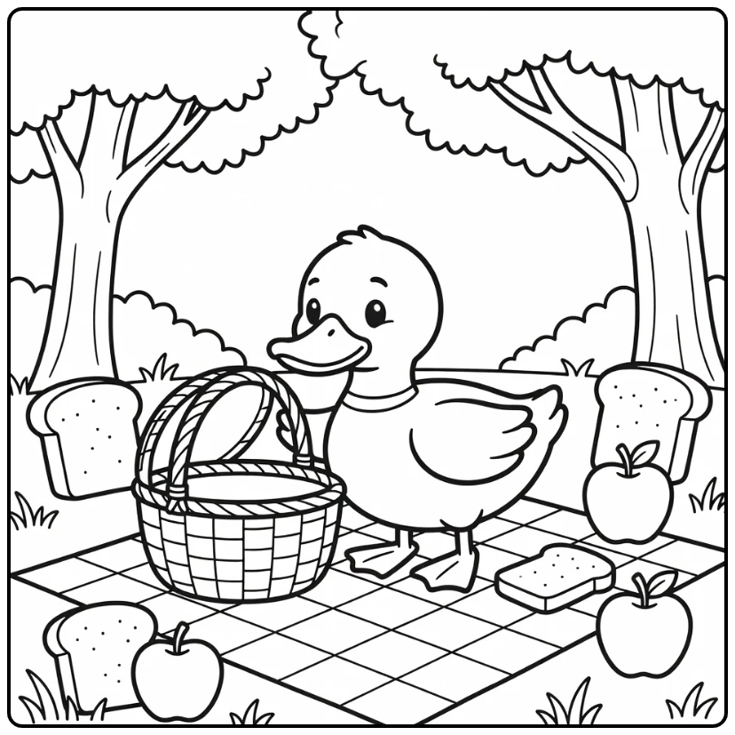 Mallard duck coloring page picnic on checkered blanket