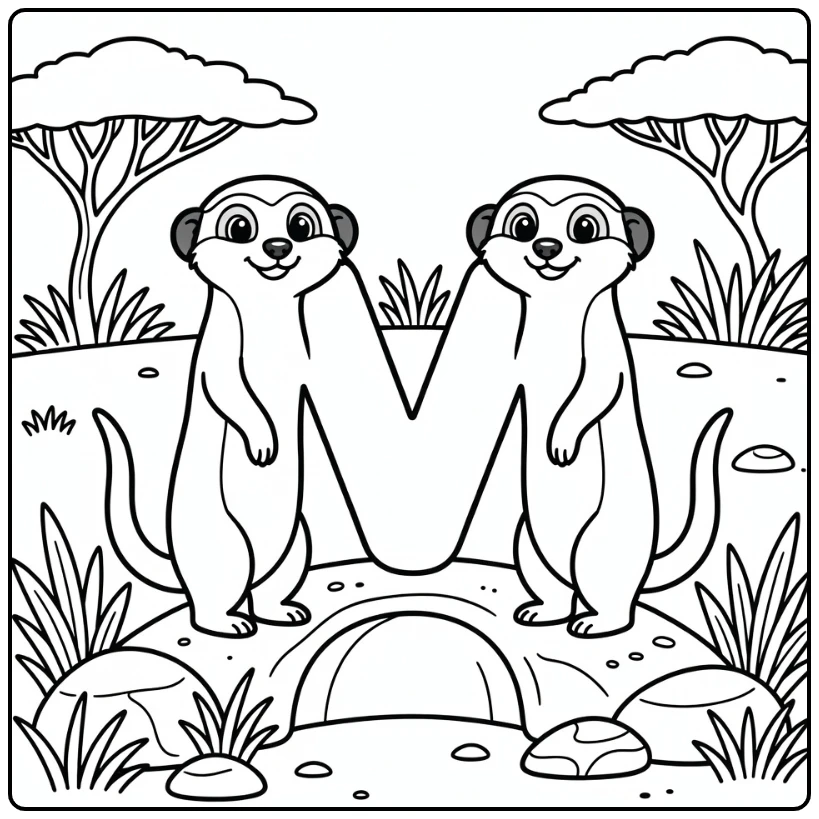 Animal alphabet coloring page with meerkats forming M
