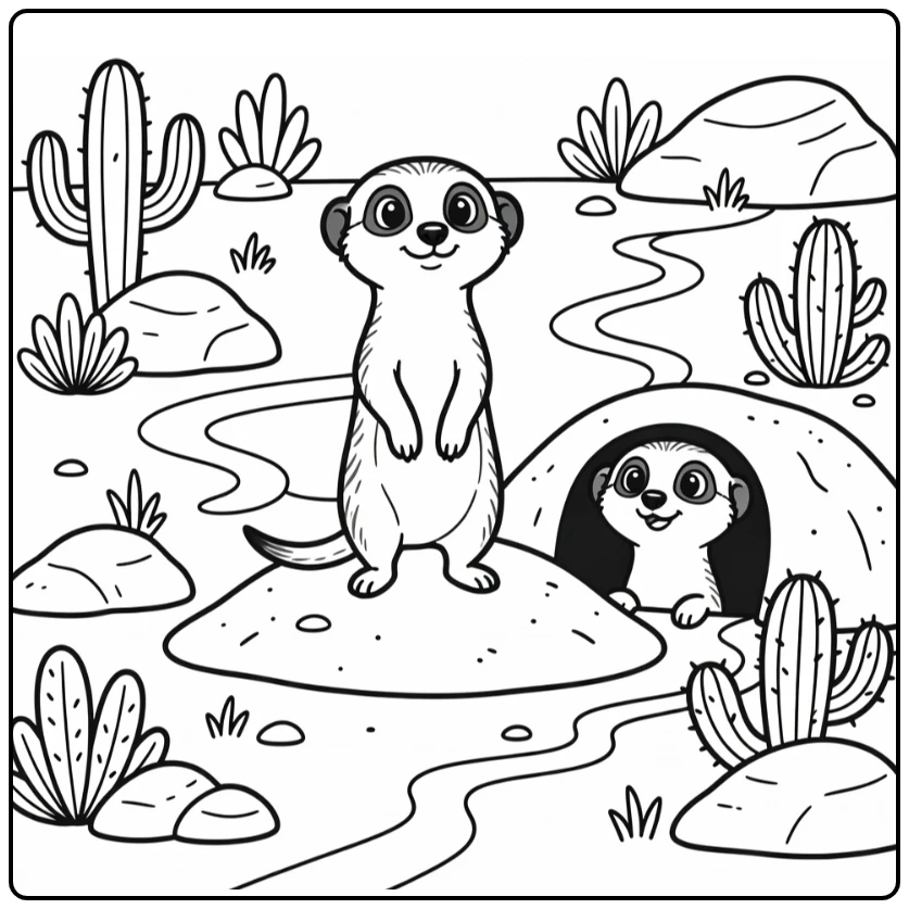Wild animals coloring page: meerkat on mound, one peeking