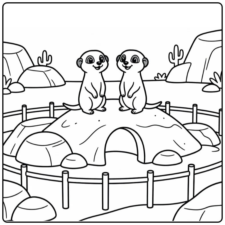 Two cute meerkats on mound in zoo exhibit zoo coloring page