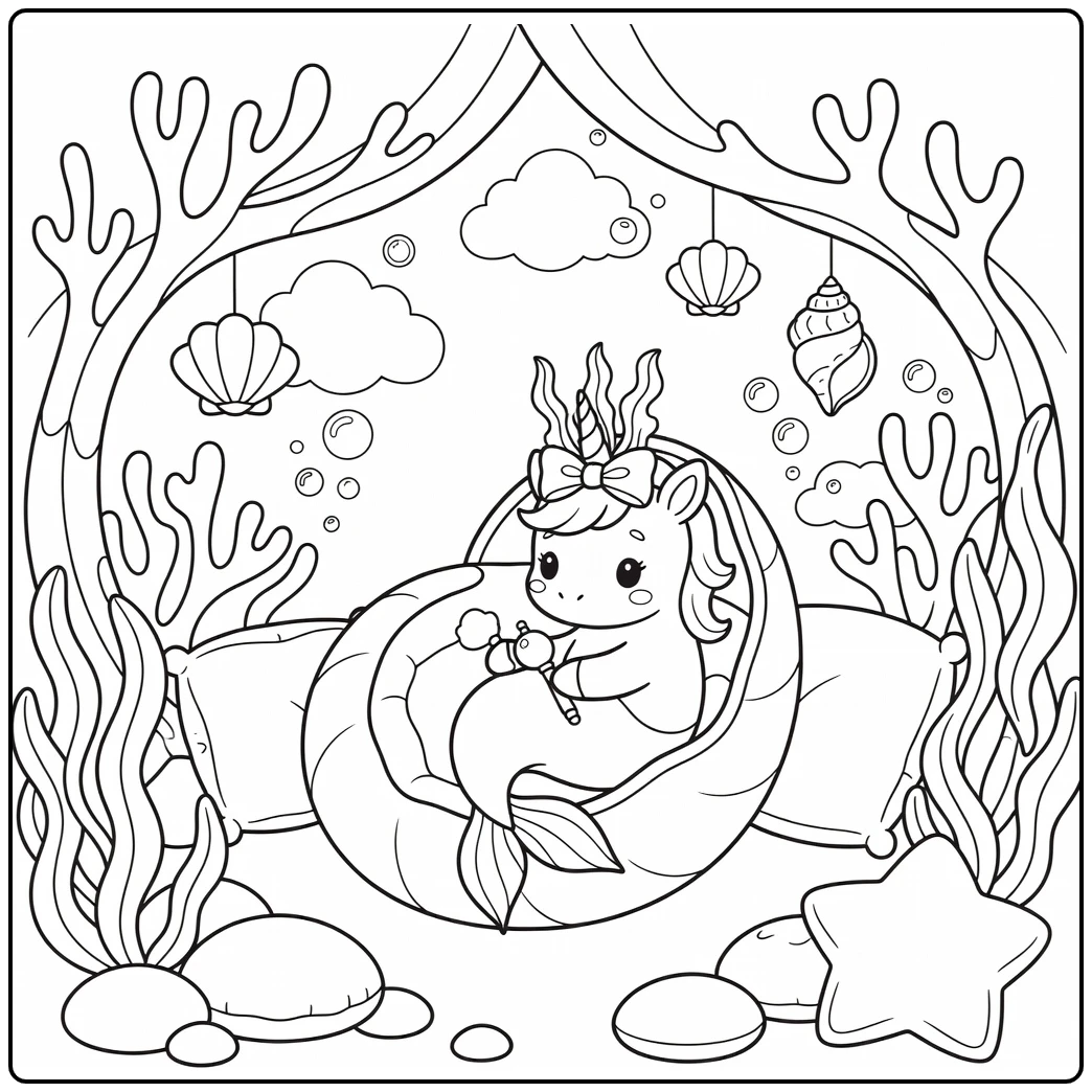 Mermaid adorable cute unicorn coloring page: baby in shell pouch