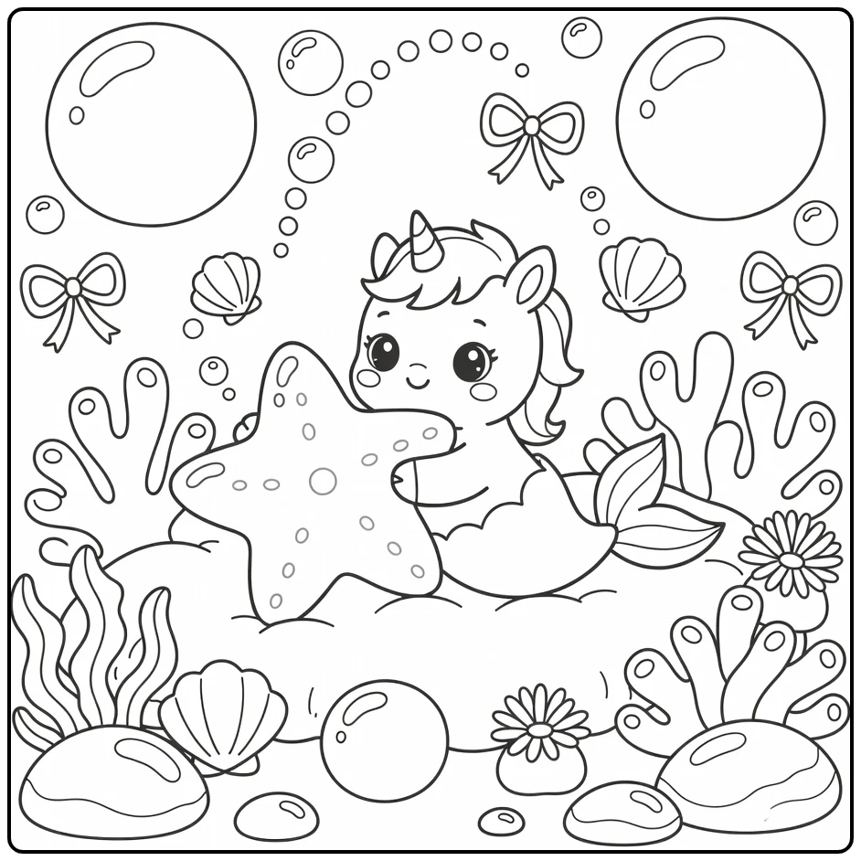 mermaid adorable cute unicorn coloring page: baby hugs sea star bubble