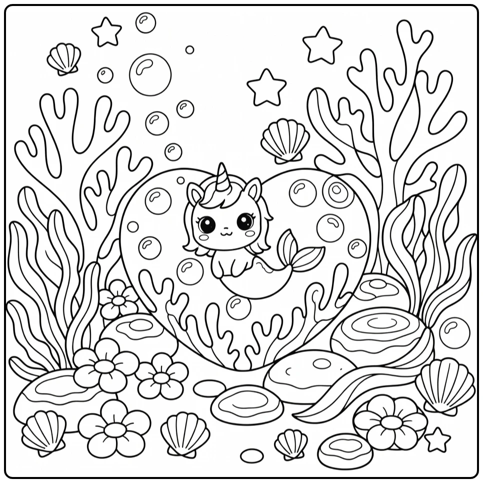 mermaid adorable cute unicorn coloring page in heart coral cradle