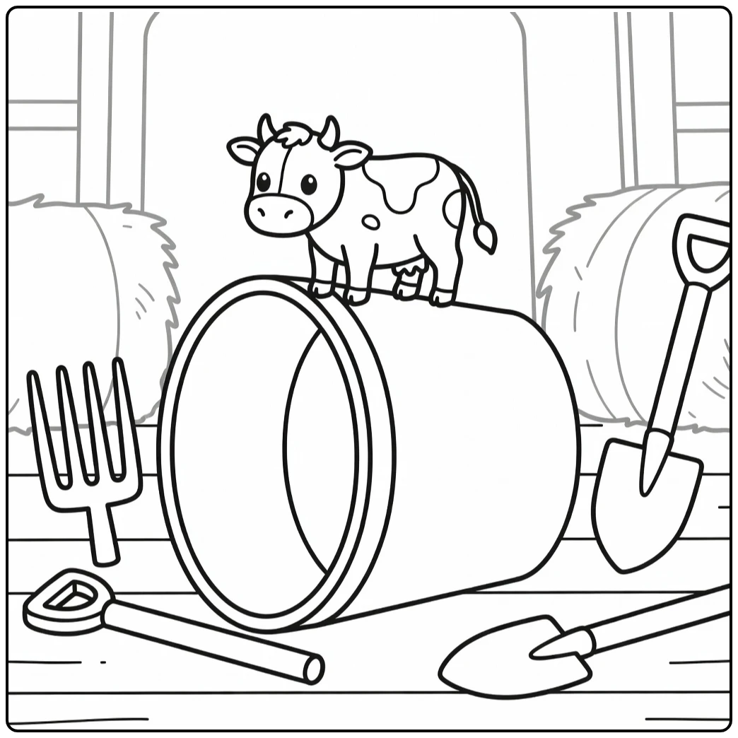 Mini cow coloring pages: tiny cow balancing on giant bucket