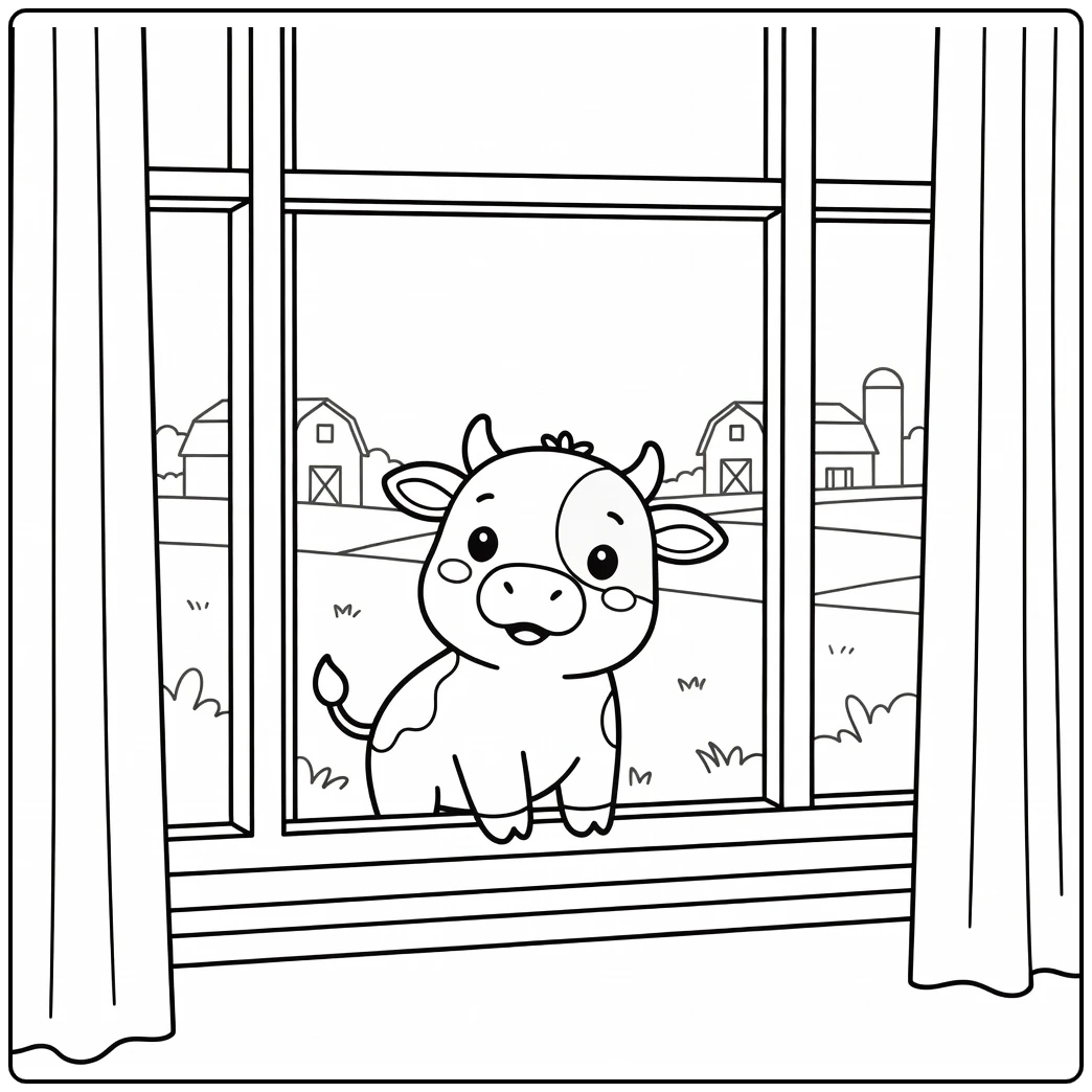 Curious mini cow on windowsill - mini cow coloring pages