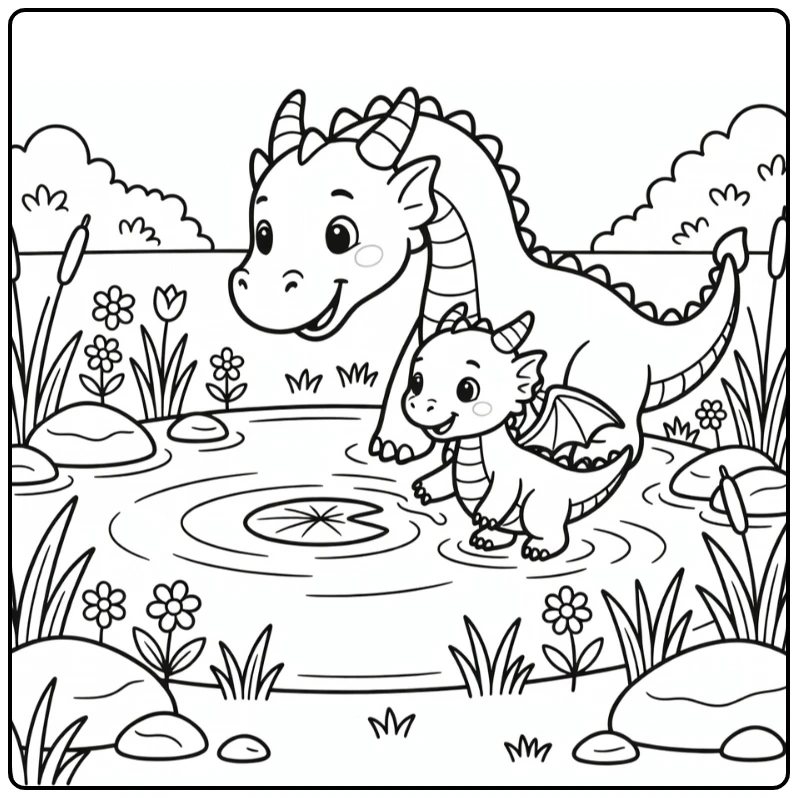 Mom and baby dragon coloring page by calm pond with lily pad