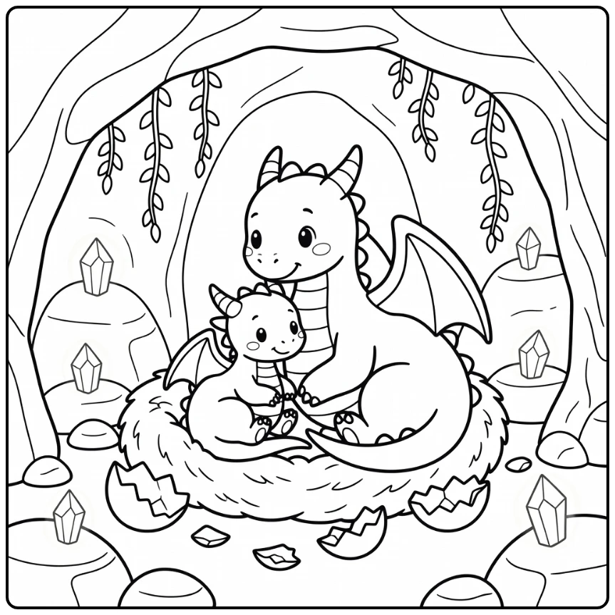 Mom and baby dragon coloring page in cozy cave nest