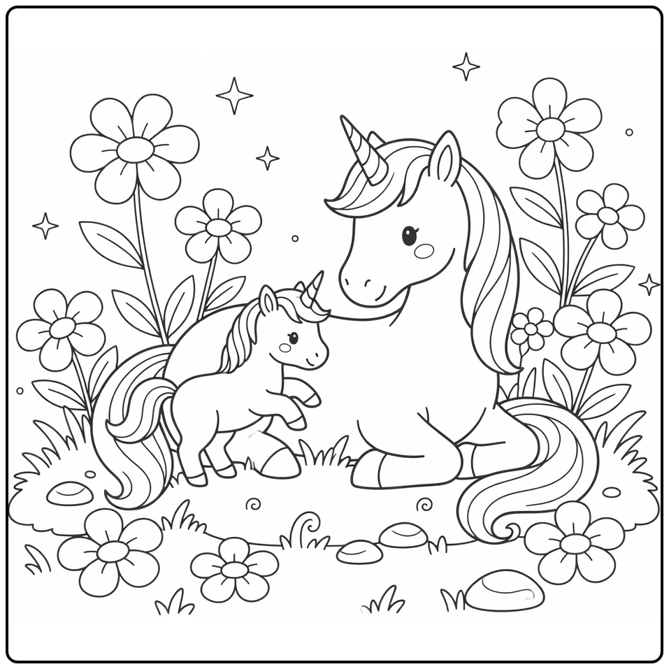 Mom and baby unicorn coloring page meadow bonding