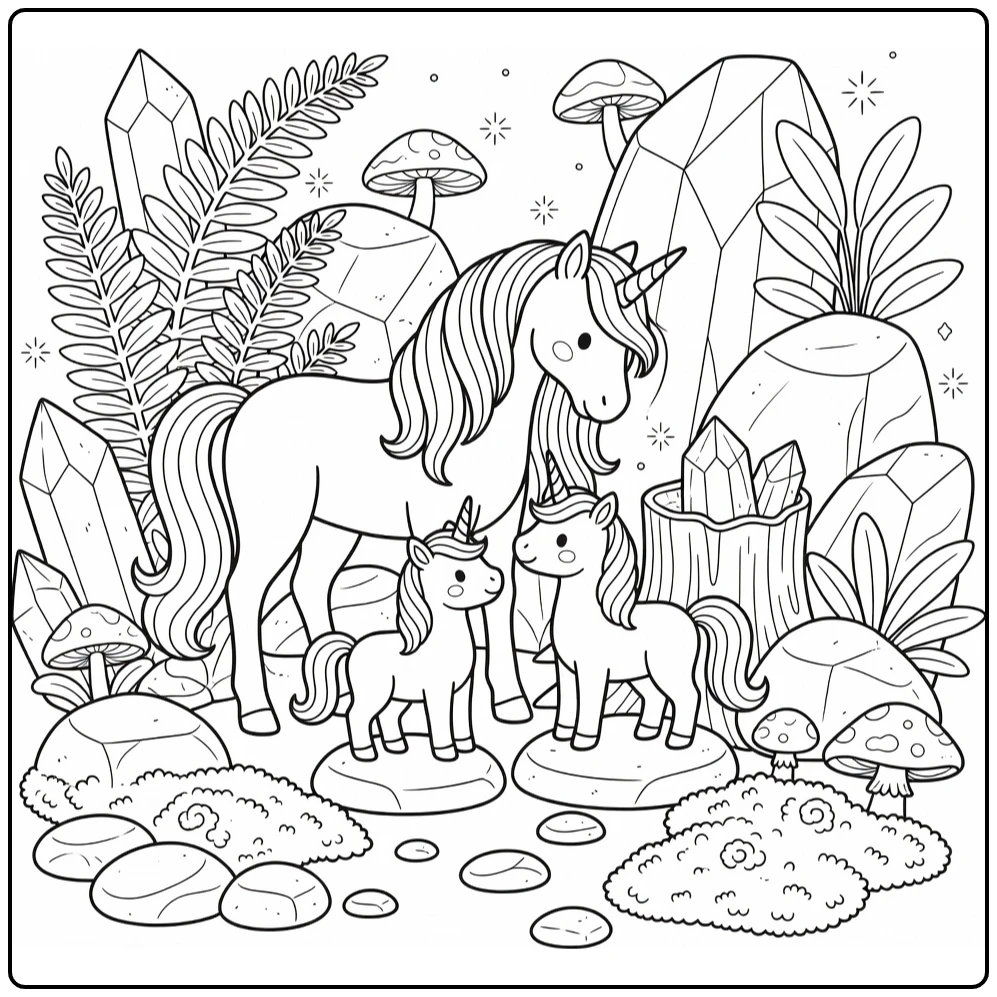 Mom and baby unicorn coloring page: grooming by crystals