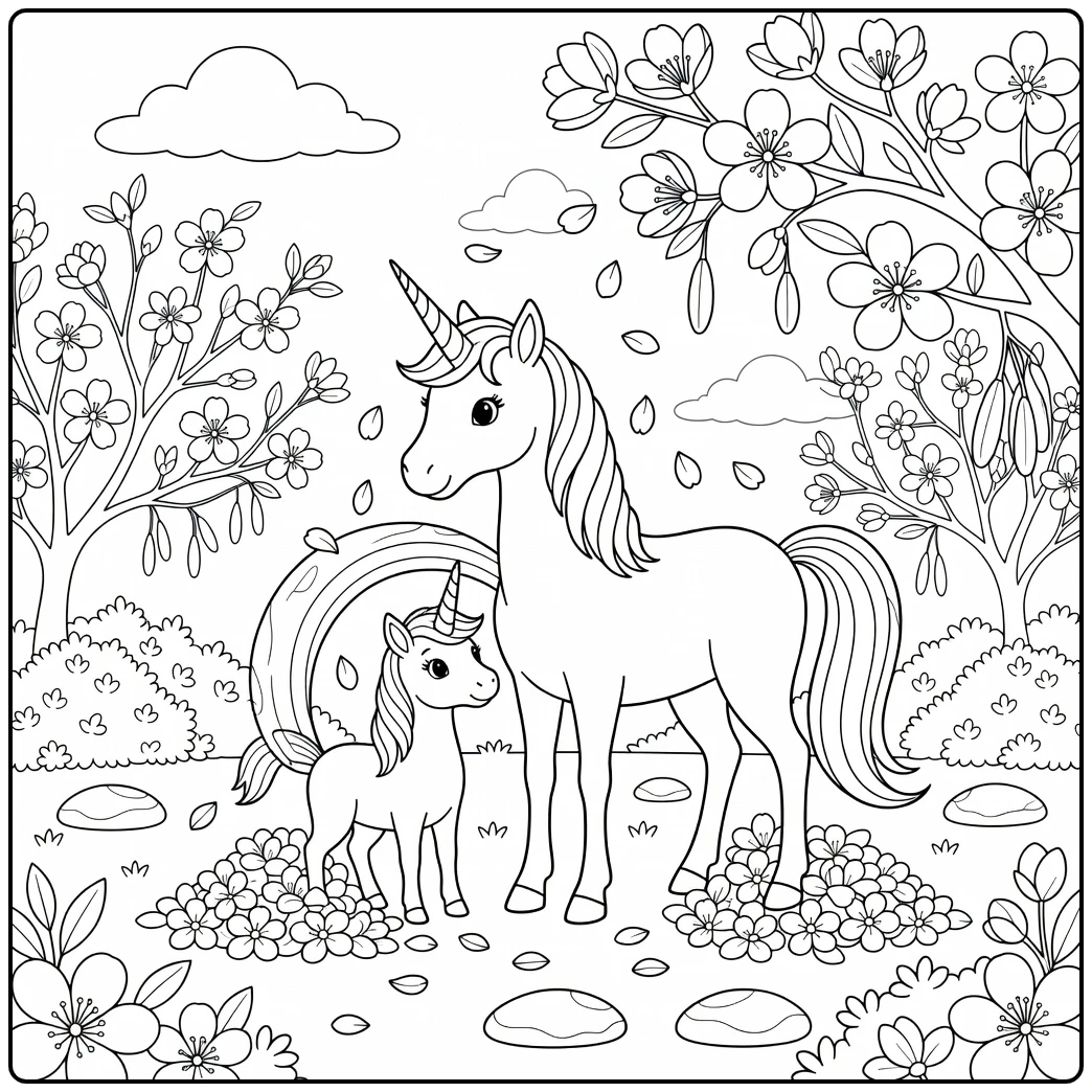 Mom and baby unicorn coloring page: tail shields from petals
