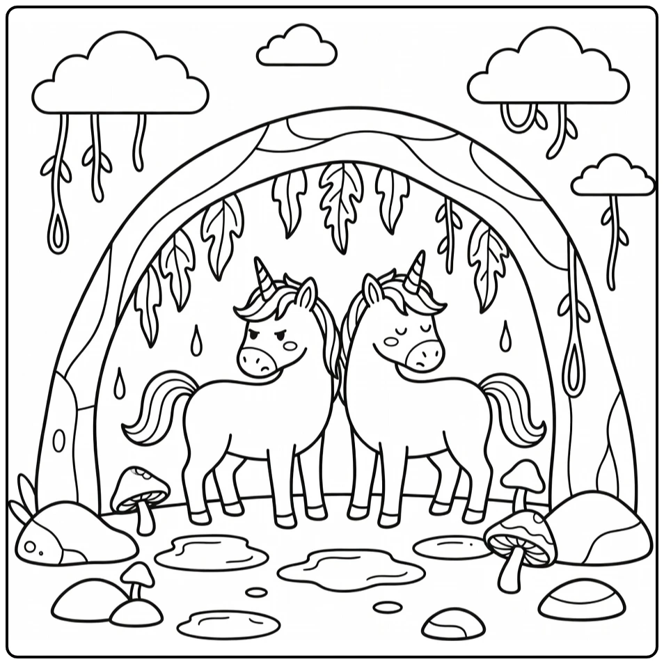 Moody unicorn twin coloring page: grumpy & sleepy unicorns