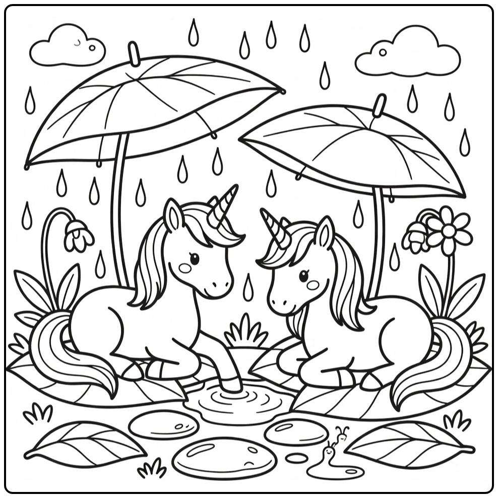 moody unicorn twin coloring page: twins in rain under leaves