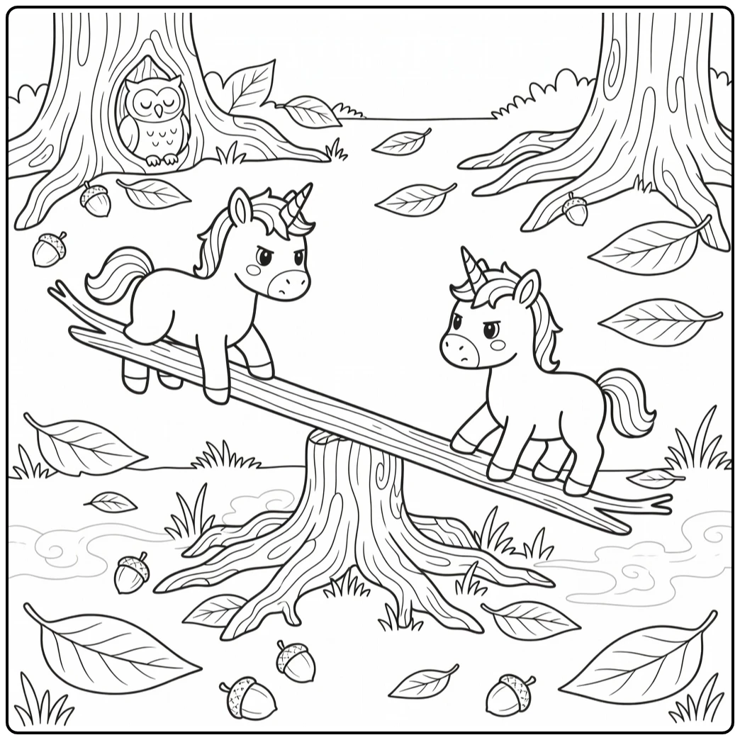 moody unicorn twin coloring page: stubborn foals on seesaw