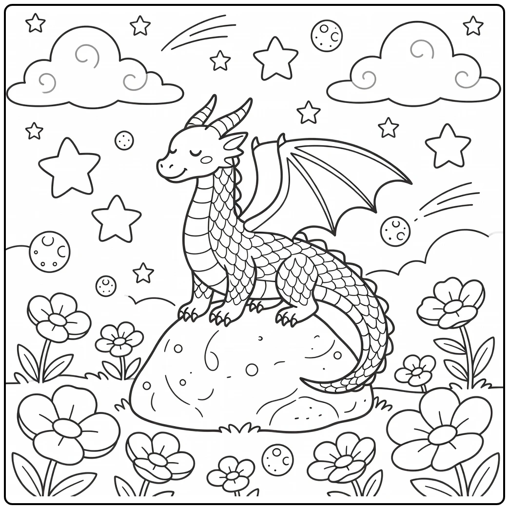 Moon dragon coloring page: dragon on crescent rock amid stars