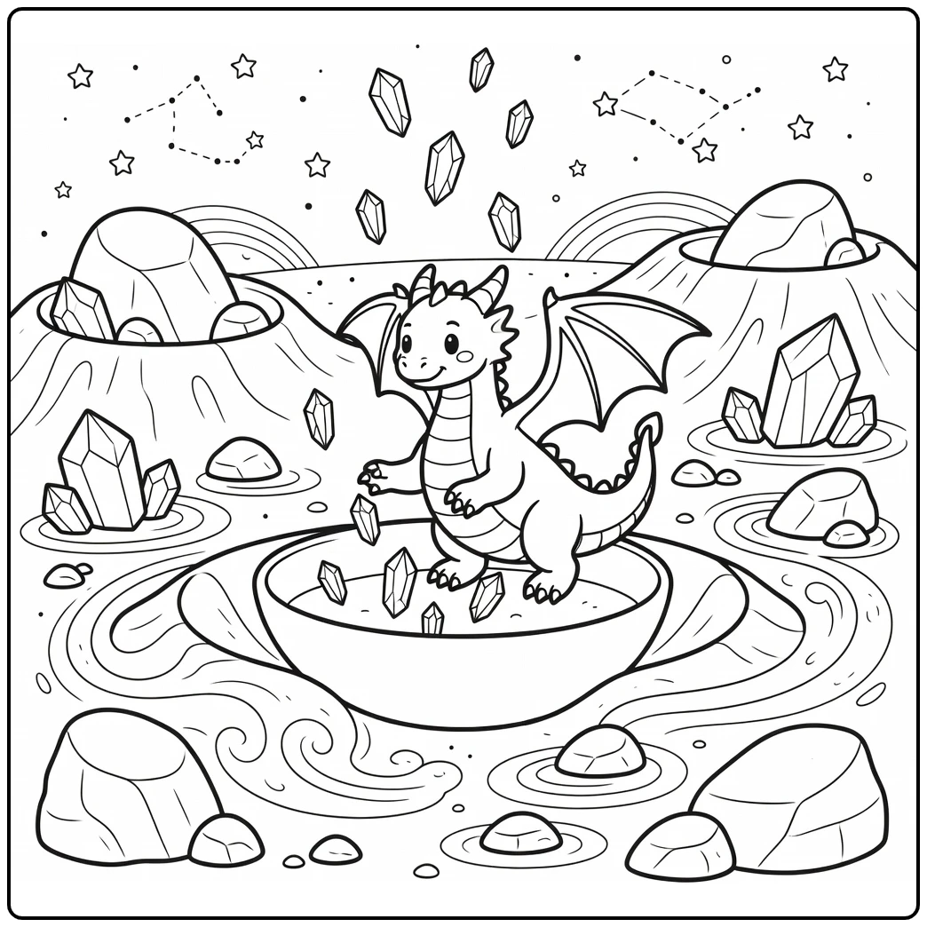 Moon dragon coloring page: catching crystals in lunar crater