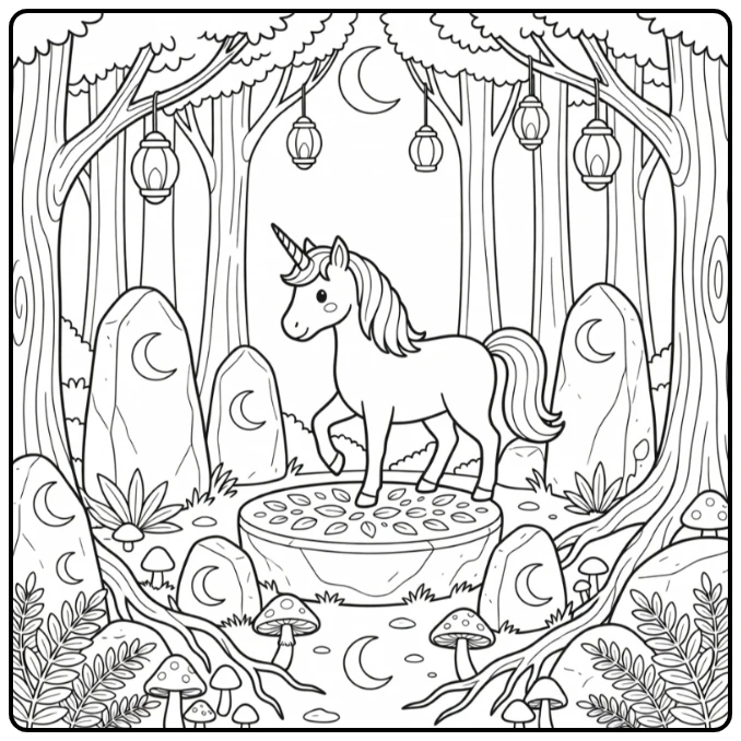 Majestic moonlit forest unicorn coloring pages for adults