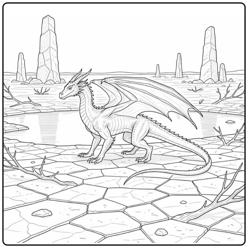 Realistic dragon coloring page for adults: horned dragon on moonlit salt flat