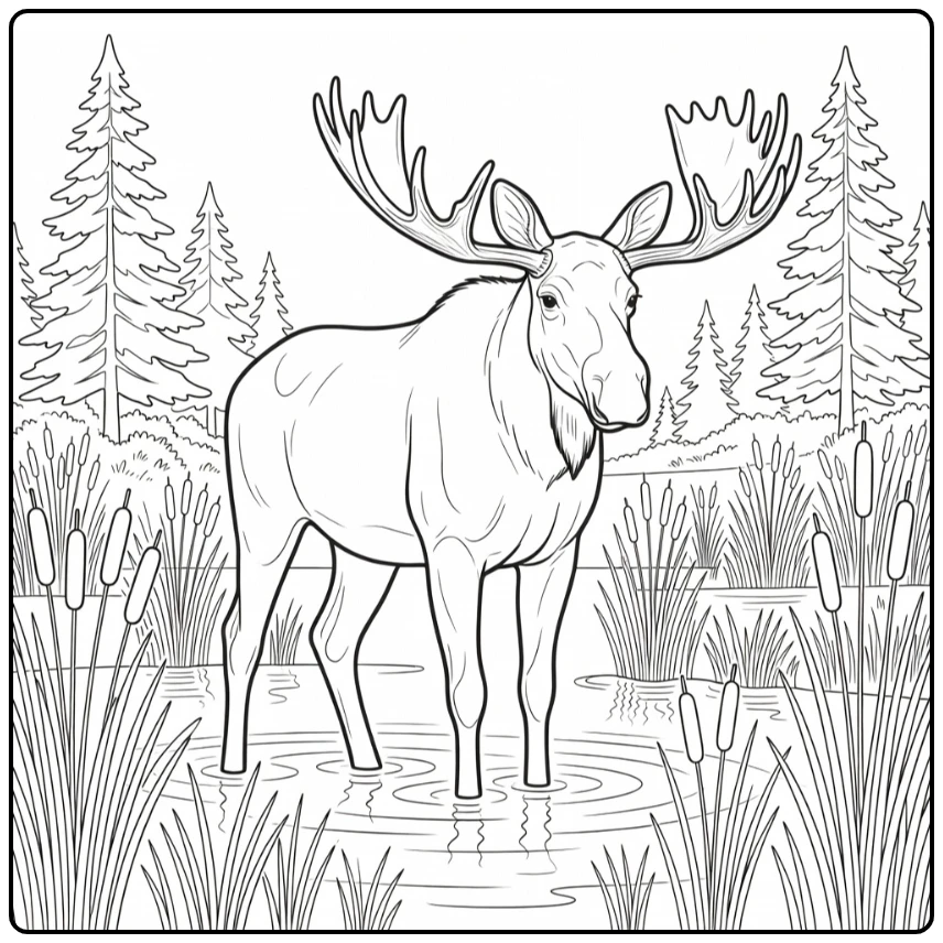Realistic animal coloring page: moose wading in marsh with reeds