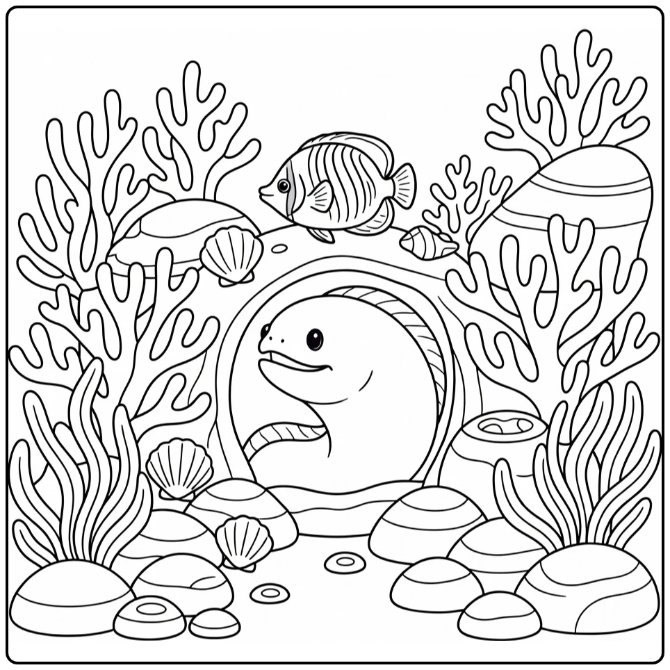Coral reef animals coloring page: moray eel peeks at butterflyfish