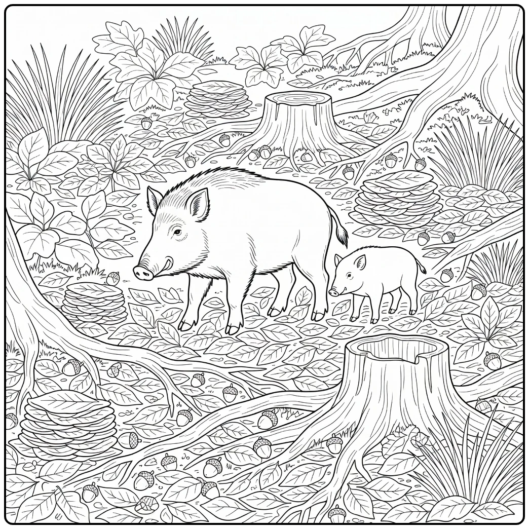 Realistic forest animals coloring page: sow and piglet in leaves