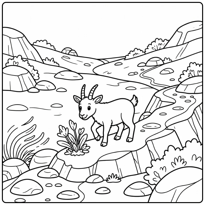 Mountain goat coloring page on glacier moraine with plants