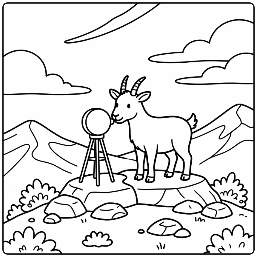 Mountain goat coloring page with alpine weather station