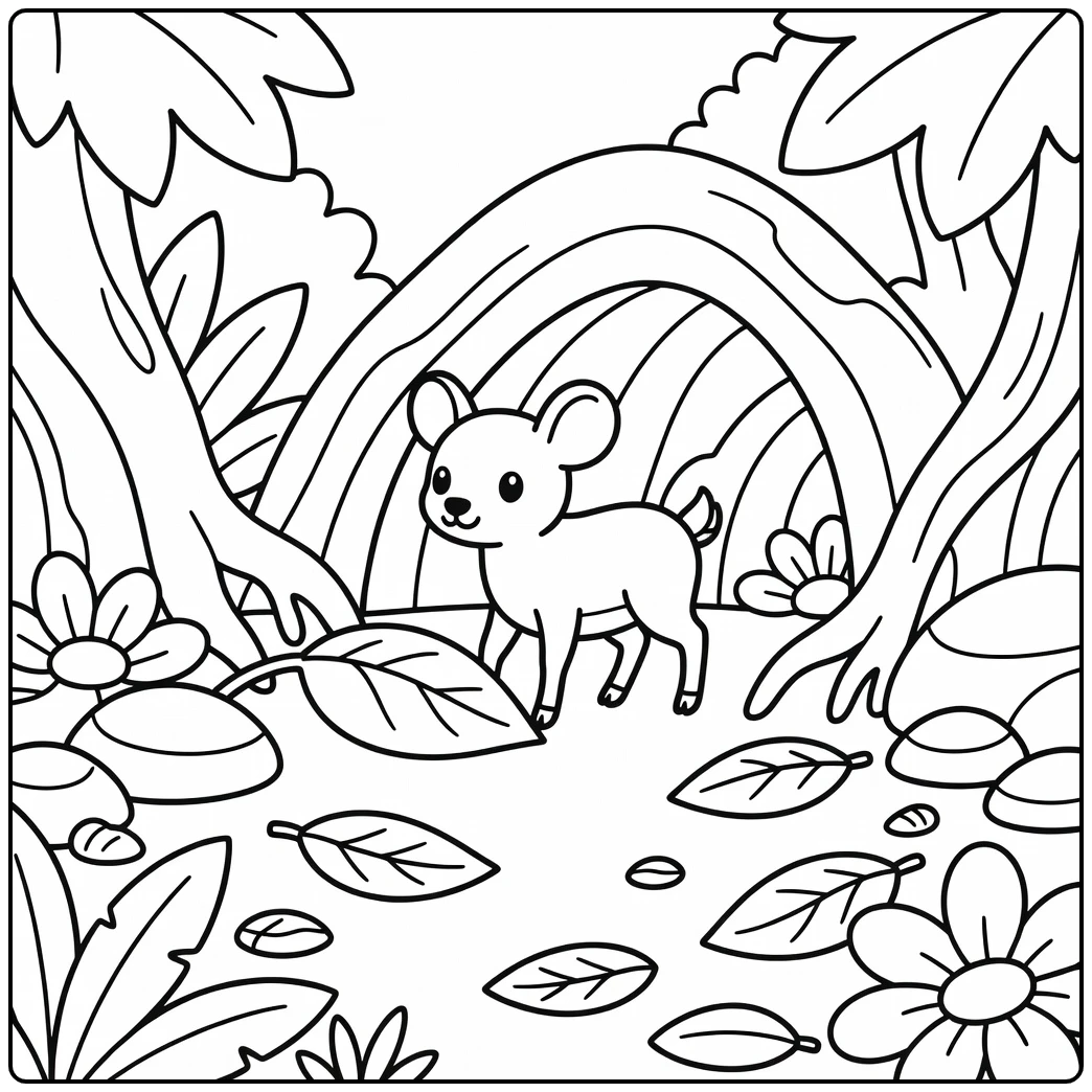 Easy jungle animal coloring page: cute mouse deer by roots and leaf
