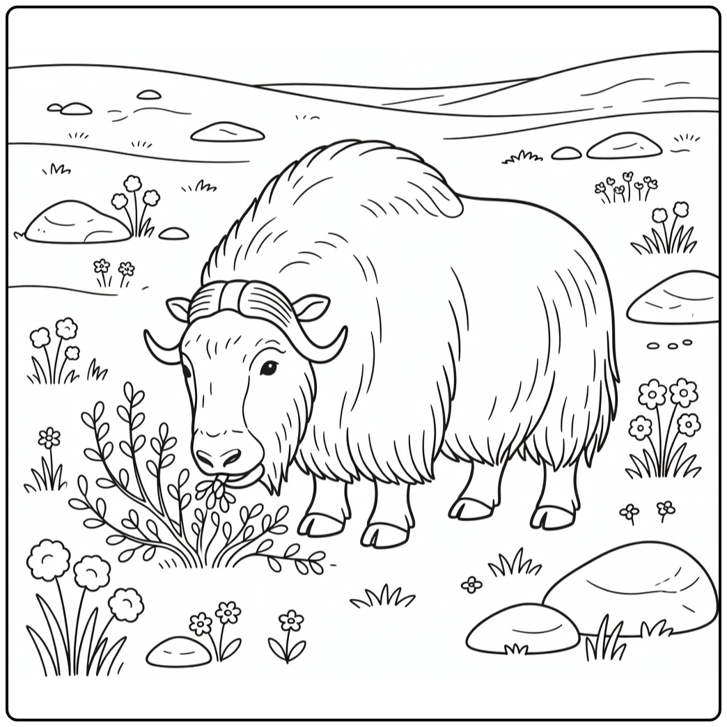 Musk ox coloring pages: grazing on dwarf willow