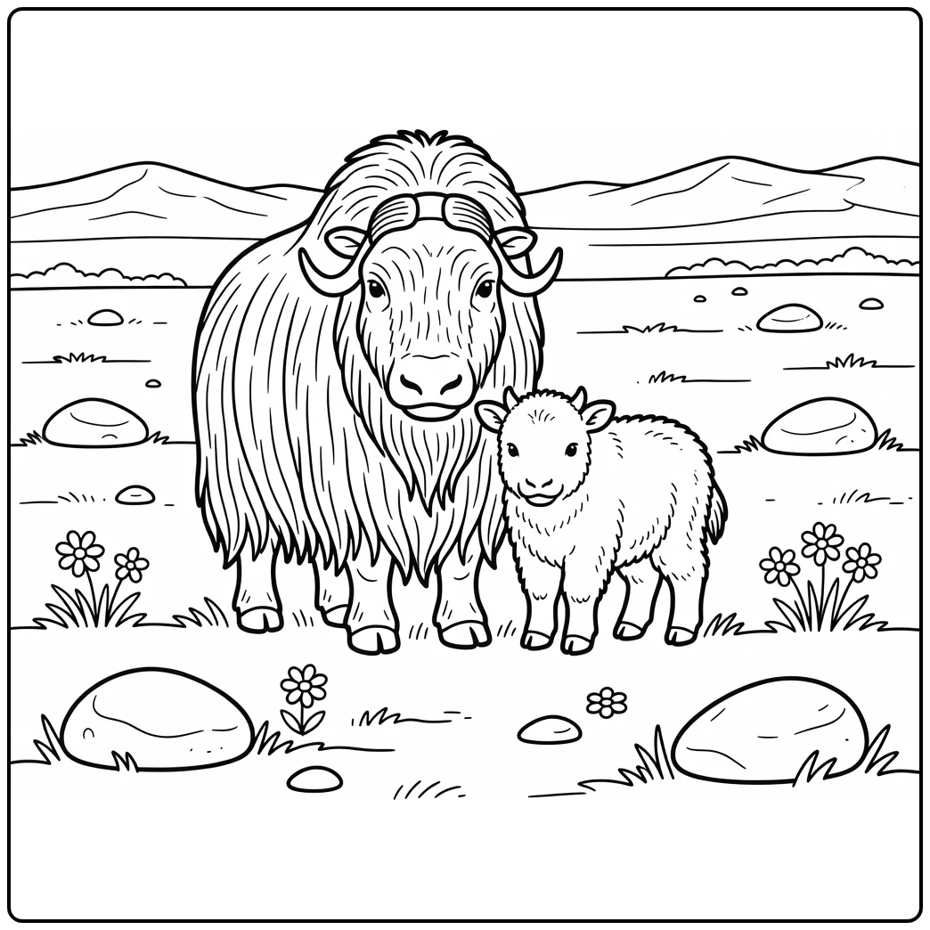 Musk ox coloring pages: protective adult & calf on tundra