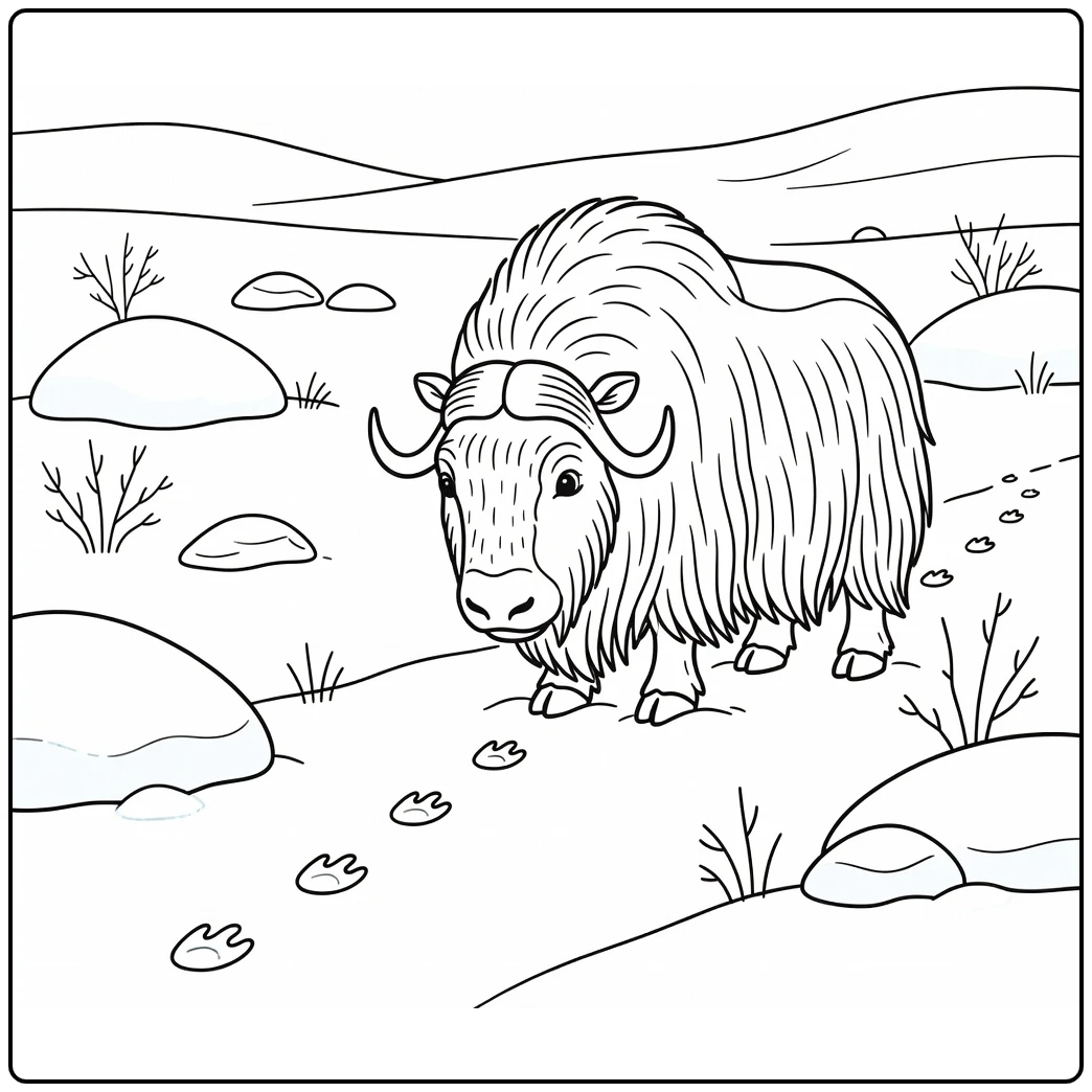 Musk ox coloring pages: curious ox sniffs hare tracks in snow