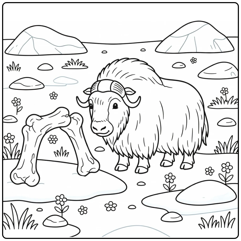 Musk ox coloring pages: ox eyeing bone arch on tundra