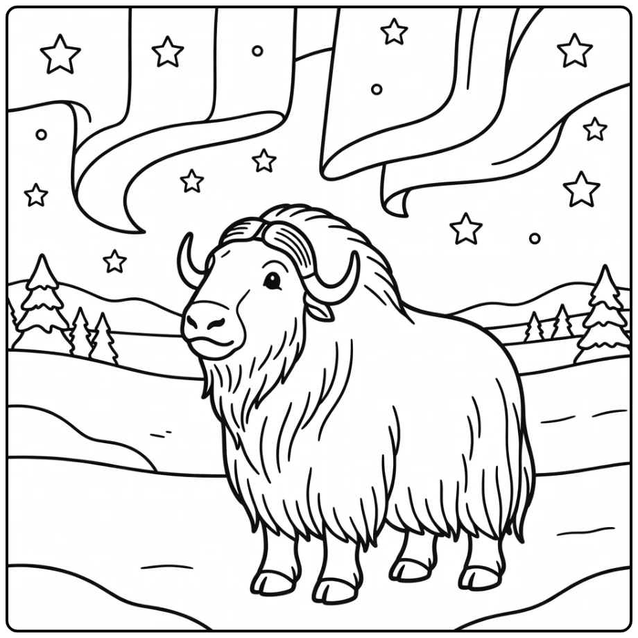 Musk ox under northern lights in polar night, musk ox coloring pages